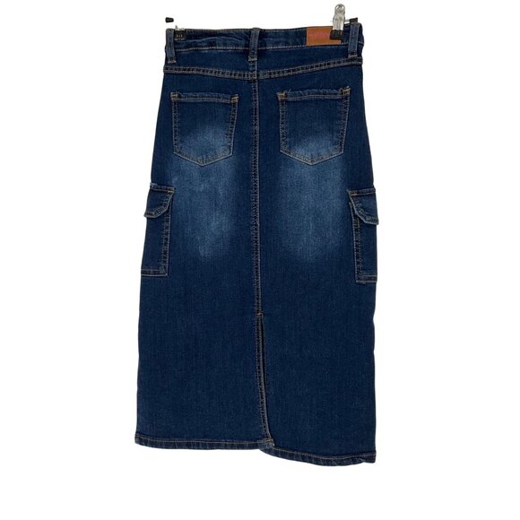 Wallflower Girl Blue Denim Cargo Midi Skirt Size 8 Pockets Cotton adjustable - Picture 2 of 5